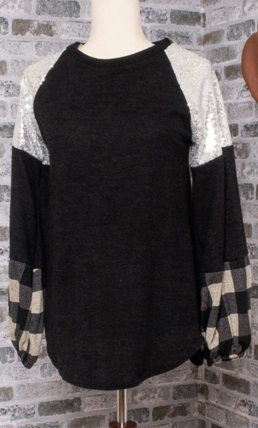 Ivory/Black plaid with Sequins Top