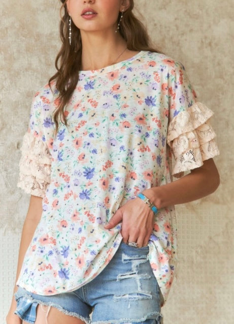 Floral Lace Ruffle Sleeve Top